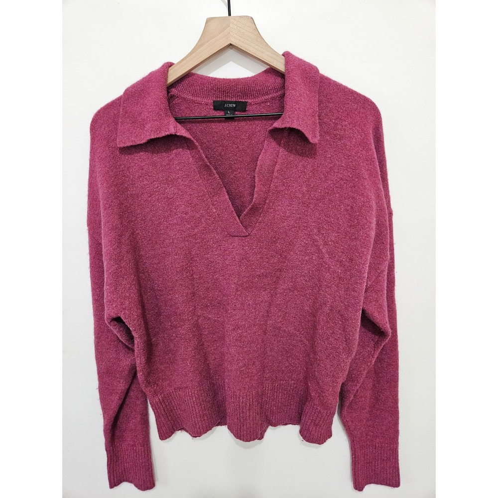 J.Crew Womens Merino Wool Alpaca Blend Polo V-Neck Sweater Pink Berry Large